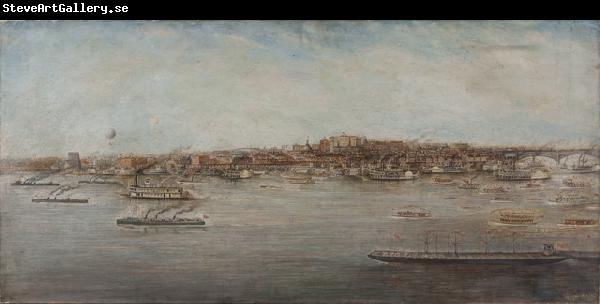 Verner Moore White Oil painting, St. Louis Waterfront at Celebration of Opening of Mississippi Deeper Waterway, of the fleet of steamboats that President William Howard 